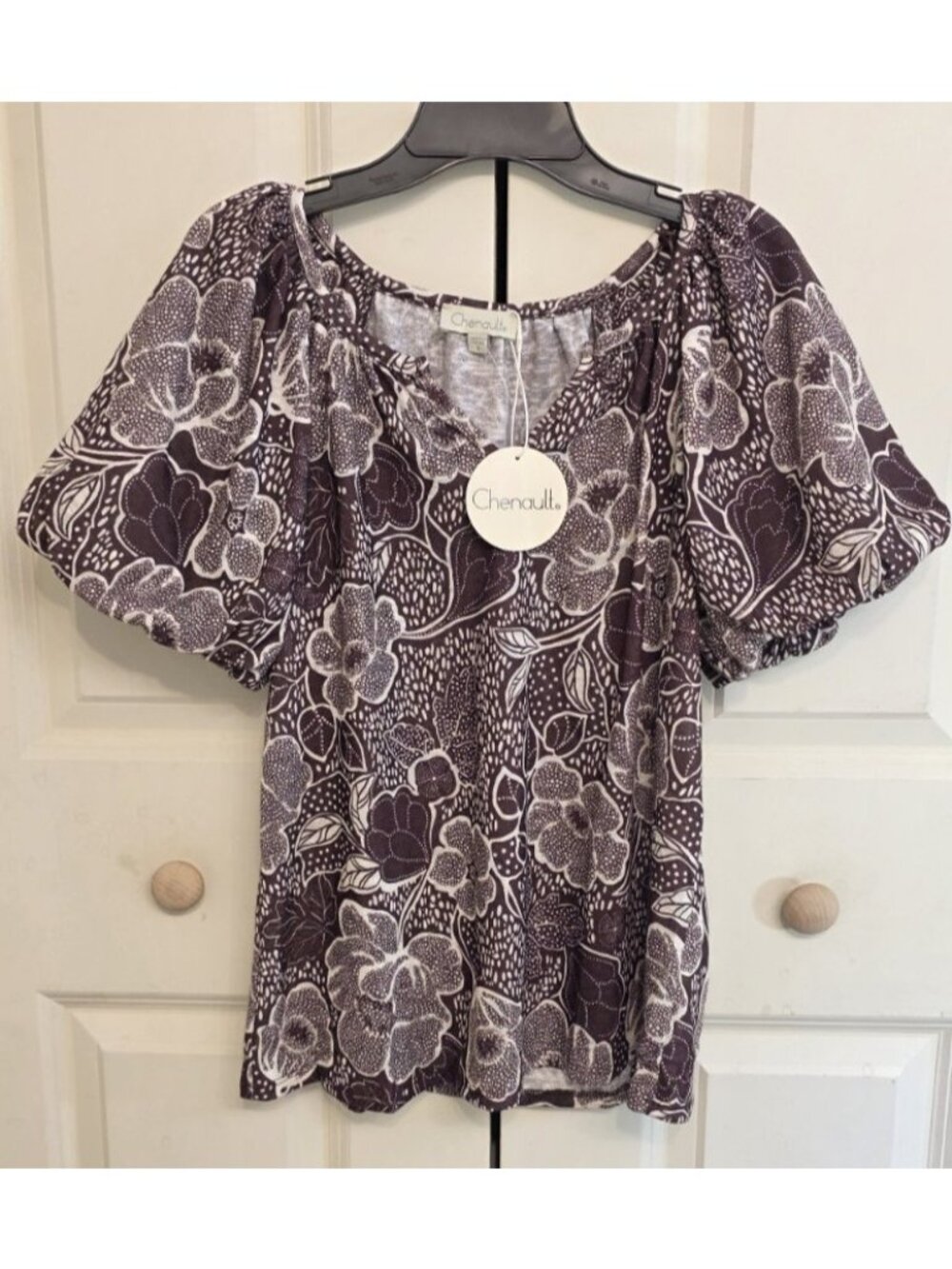 Chenault Floral Boho Top Women Brown V Neck Puff Sleeve Relaxed Fit Size M